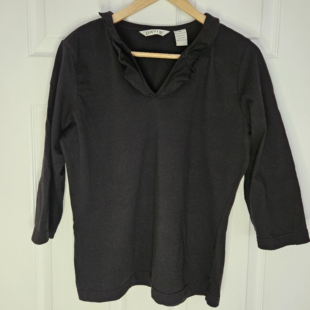 Orvis Black Cotton Top Ruffle Collar Sz M 3/4 Sleeves